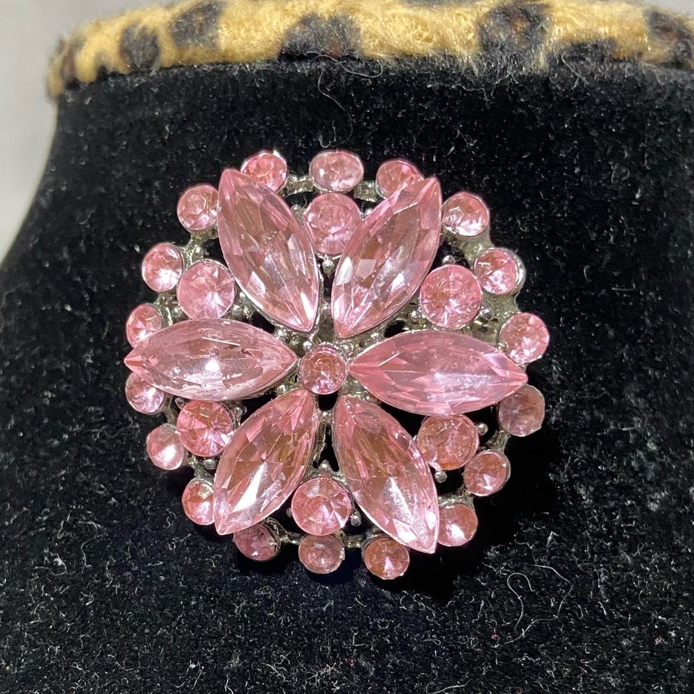 Pink Rhinestone Brooch in Silver Tone Hardware
